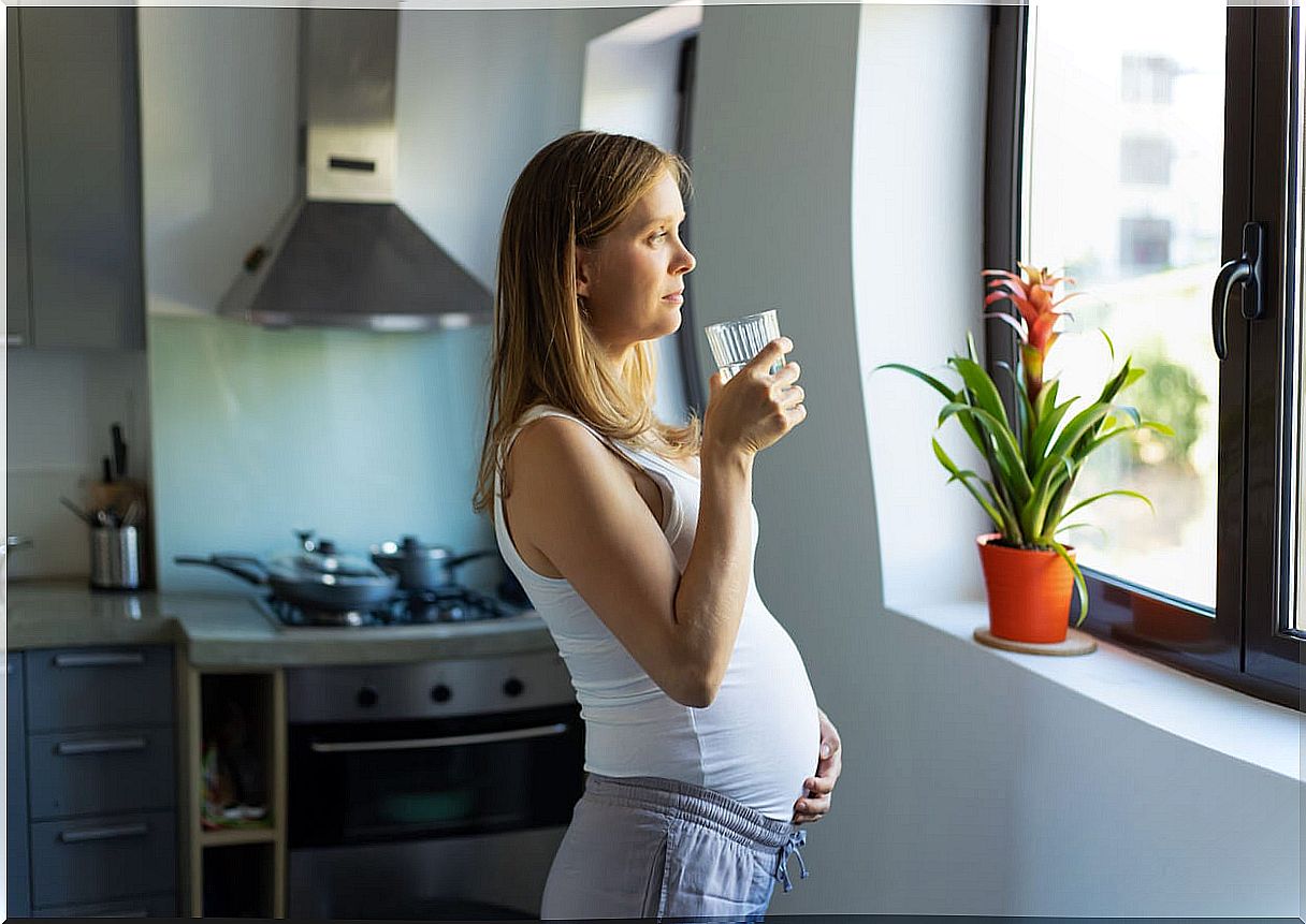 Pregnant woman drinking a glass of water to have good hydration.